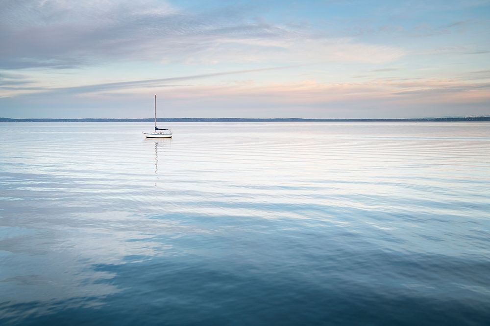 Sailboat anchored in Bellingham Bay on a calm morning-Bellingham art print by Alan Majchrowicz for $57.95 CAD